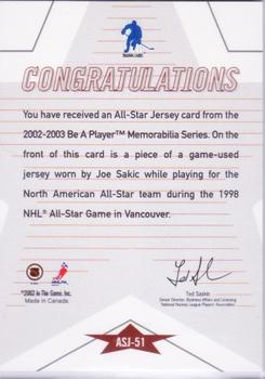 2002-03 Be a Player Memorabilia - All-Star Jerseys #ASJ-51 Joe Sakic Back
