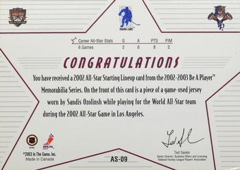 2002-03 Be a Player Memorabilia - All-Star Starting Lineup #AS-09 Sandis Ozolinsh Back