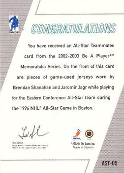 2002-03 Be a Player Memorabilia - All-Star Teammates #AST-05 Brendan Shanahan / Jaromir Jagr Back