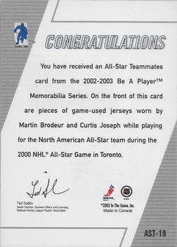 2002-03 Be a Player Memorabilia - All-Star Teammates #AST-18 Martin Brodeur / Curtis Joseph Back