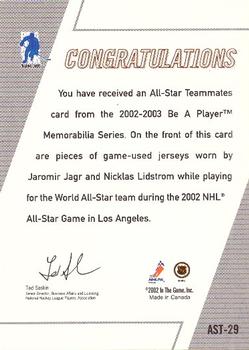 2002-03 Be a Player Memorabilia - All-Star Teammates #AST-29 Jaromir Jagr / Nicklas Lidstrom Back
