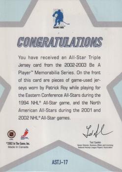 2002-03 Be a Player Memorabilia - All-Star Triple Jerseys #ASTJ-17 Patrick Roy Back