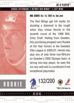 2002-03 Be a Player Memorabilia - Ruby #286 Henrik Zetterberg Back