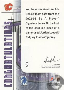 2002-03 Be a Player Signature Series - All-Rookie #AR-8 Jordan Leopold Back