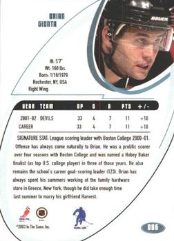 2002-03 Be a Player Signature Series - Atlantic City National #086 Brian Gionta Back