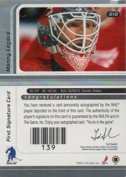 2002-03 Be a Player Signature Series - Autograph Buybacks 2001-02 #010 Manny Legace Back