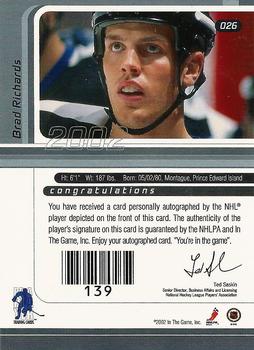 2002-03 Be a Player Signature Series - Autograph Buybacks 2001-02 #026 Brad Richards Back