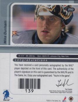 2002-03 Be a Player Signature Series - Autograph Buybacks 2001-02 #093 Mike Dunham Back