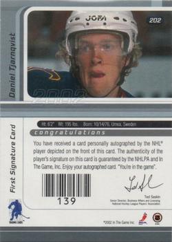 2002-03 Be a Player Signature Series - Autograph Buybacks 2001-02 #202 Daniel Tjarnqvist Back