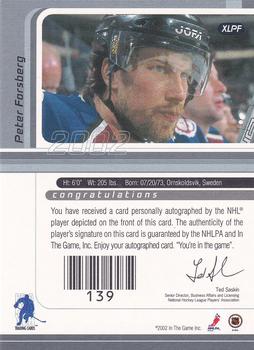 2002-03 Be a Player Signature Series - Autograph Buybacks 2001-02 #XLPF Peter Forsberg Back