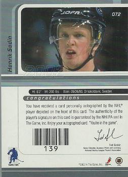 2002-03 Be a Player Signature Series - Autograph Buybacks 2001-02 #072 Henrik Sedin Back