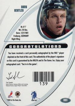 2002-03 Be a Player Signature Series - Autographs #001 Dany Heatley Back