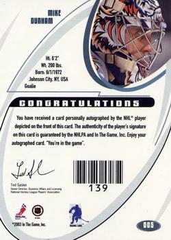 2002-03 Be a Player Signature Series - Autographs #005 Mike Dunham Back