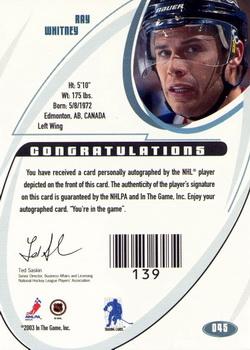 2002-03 Be a Player Signature Series - Autographs #045 Ray Whitney Back
