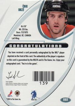 2002-03 Be a Player Signature Series - Autographs #062 Eric Daze Back