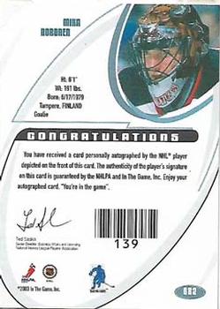 2002-03 Be a Player Signature Series - Autographs #082 Mika Noronen Back