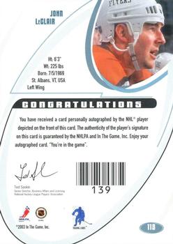 2002-03 Be a Player Signature Series - Autographs #113 John LeClair Back