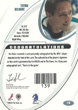 2002-03 Be a Player Signature Series - Autographs #116 Teemu Selanne Back