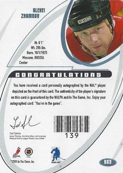 2002-03 Be a Player Signature Series - Autographs Gold #002 Alexei Zhamnov Back