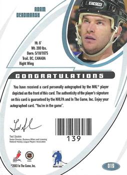 2002-03 Be a Player Signature Series - Autographs Gold #019 Adam Deadmarsh Back