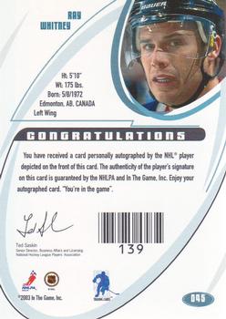 2002-03 Be a Player Signature Series - Autographs Gold #045 Ray Whitney Back