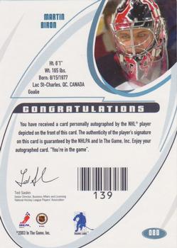 2002-03 Be a Player Signature Series - Autographs Gold #080 Martin Biron Back