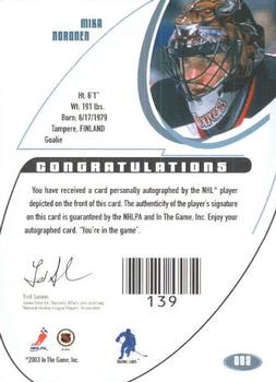 2002-03 Be a Player Signature Series - Autographs Gold #082 Mika Noronen Back