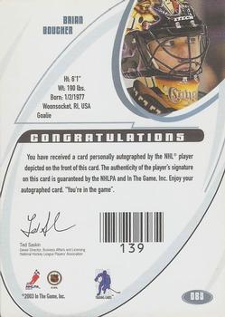 2002-03 Be a Player Signature Series - Autographs Gold #083 Brian Boucher Back