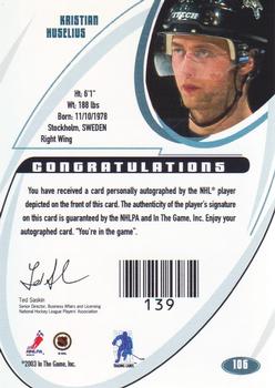 2002-03 Be a Player Signature Series - Autographs Gold #106 Kristian Huselius Back