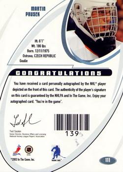 2002-03 Be a Player Signature Series - Autographs Gold #111 Martin Prusek Back
