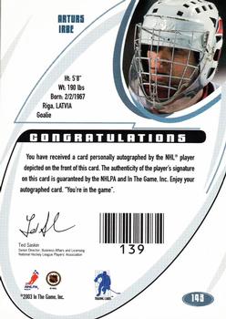 2002-03 Be a Player Signature Series - Autographs Gold #143 Arturs Irbe Back