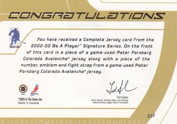 2002-03 Be a Player Signature Series - Complete Jersey #CJ-7 Peter Forsberg Back