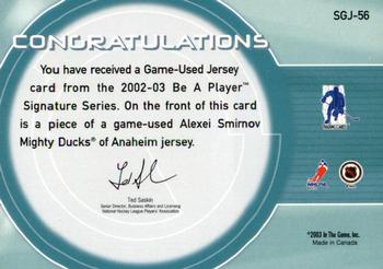 2002-03 Be a Player Signature Series - Game-Used Jerseys #SGJ-56 Alexei Smirnov Back