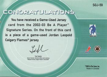 2002-03 Be a Player Signature Series - Game-Used Jerseys #SGJ-59 Jordan Leopold Back