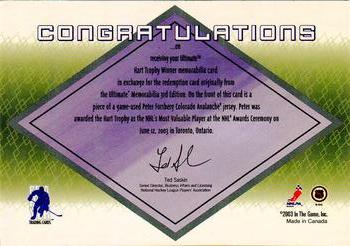 2002-03 Be a Player Ultimate Memorabilia - MVP Winner #NNO Peter Forsberg Back