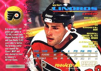 1994-95 Pinnacle - Artist's Proofs #1 Eric Lindros Back