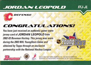 2002-03 Bowman YoungStars - Fabric of the Future Game-Worn Jersey #FFJ-JL Jordan Leopold Back