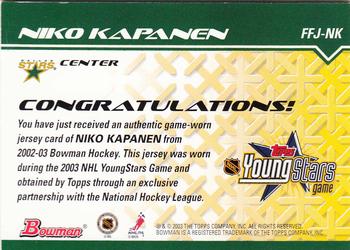 2002-03 Bowman YoungStars - Fabric of the Future Game-Worn Jersey #FFJ-NK Niko Kapanen Back