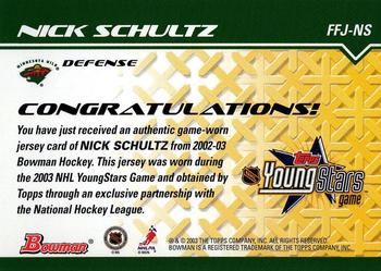 2002-03 Bowman YoungStars - Fabric of the Future Game-Worn Jersey #FFJ-NS Nick Schultz Back