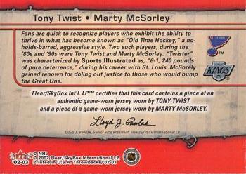 2002-03 Fleer Throwbacks - Squaring Off Memorabilia #NNO Tony Twist / Marty McSorley Back