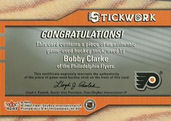 2002-03 Fleer Throwbacks - Stickwork #12 Bobby Clarke Back