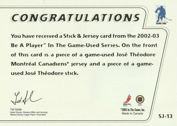 2002-03 In The Game Used - Stick & Jersey Gold #SJ-13 Jose Theodore Back