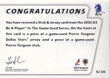 2002-03 In The Game Used - Stick & Jersey Gold #SJ-50 Pierre Turgeon Back