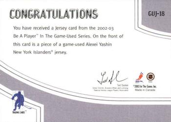 2002-03 In The Game Used - Jerseys #GUJ-18 Alexei Yashin Back