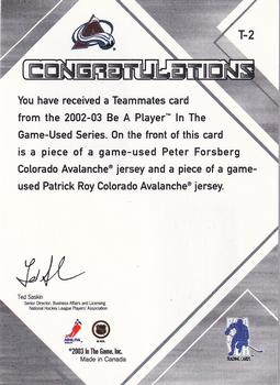 2002-03 In The Game Used - Teammates #T-2 Peter Forsberg / Patrick Roy Back