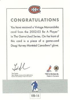 2002-03 In The Game Used - Vintage Memorabilia Gold #VM-14 Doug Harvey Back