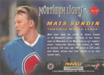 1994-95 Pinnacle - Northern Lights #NL10 Mats Sundin Back