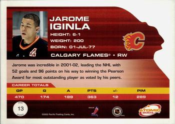 2002-03 Pacific Atomic - Hobby Parallel #13 Jarome Iginla Back