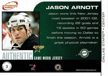 2002-03 Pacific Atomic - Authentic Game-Worn Jersey Patch Variation #3 Jason Arnott Back