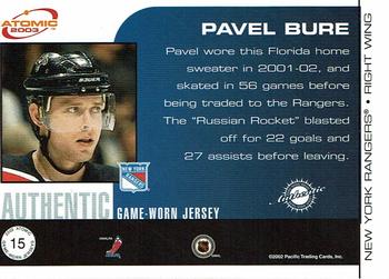 2002-03 Pacific Atomic - Authentic Game-Worn Jersey Patch Variation #15 Pavel Bure Back